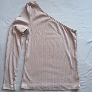 One Shoulder Tan Rib Knit Long Sleeve Top